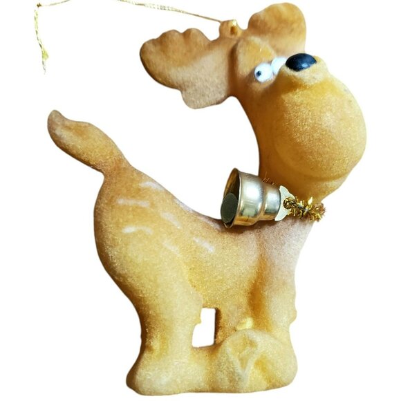 2 Vintage Flocked Moose Christmas Ornaments Reindeer Google Eyes Gold Bell 4.5" - Picture 12 of 16